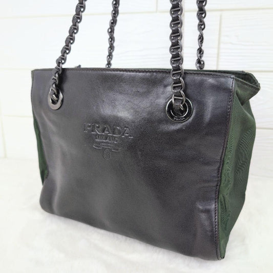 PRADA Shoulder Bag Purse Nylon Leather Green Black Authentic