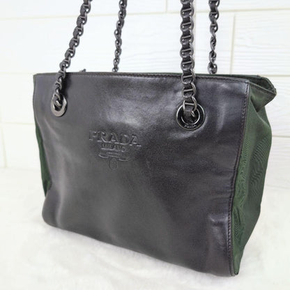 PRADA Shoulder Bag Purse Nylon Leather Green Black Authentic