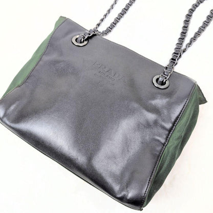 PRADA Shoulder Bag Purse Nylon Leather Green Black Authentic