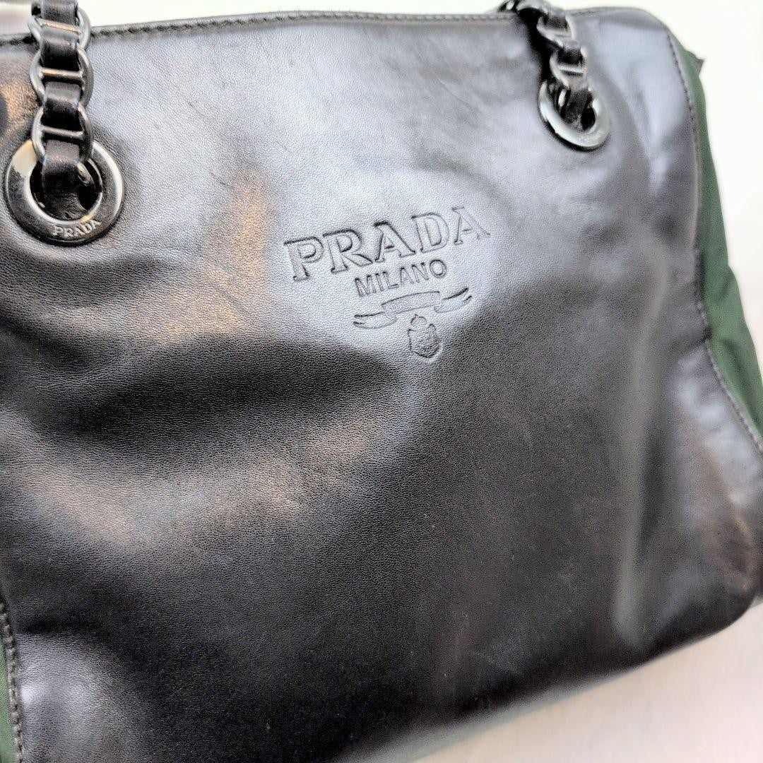 PRADA Shoulder Bag Purse Nylon Leather Green Black Authentic