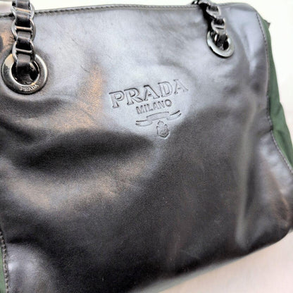 PRADA Shoulder Bag Purse Nylon Leather Green Black Authentic