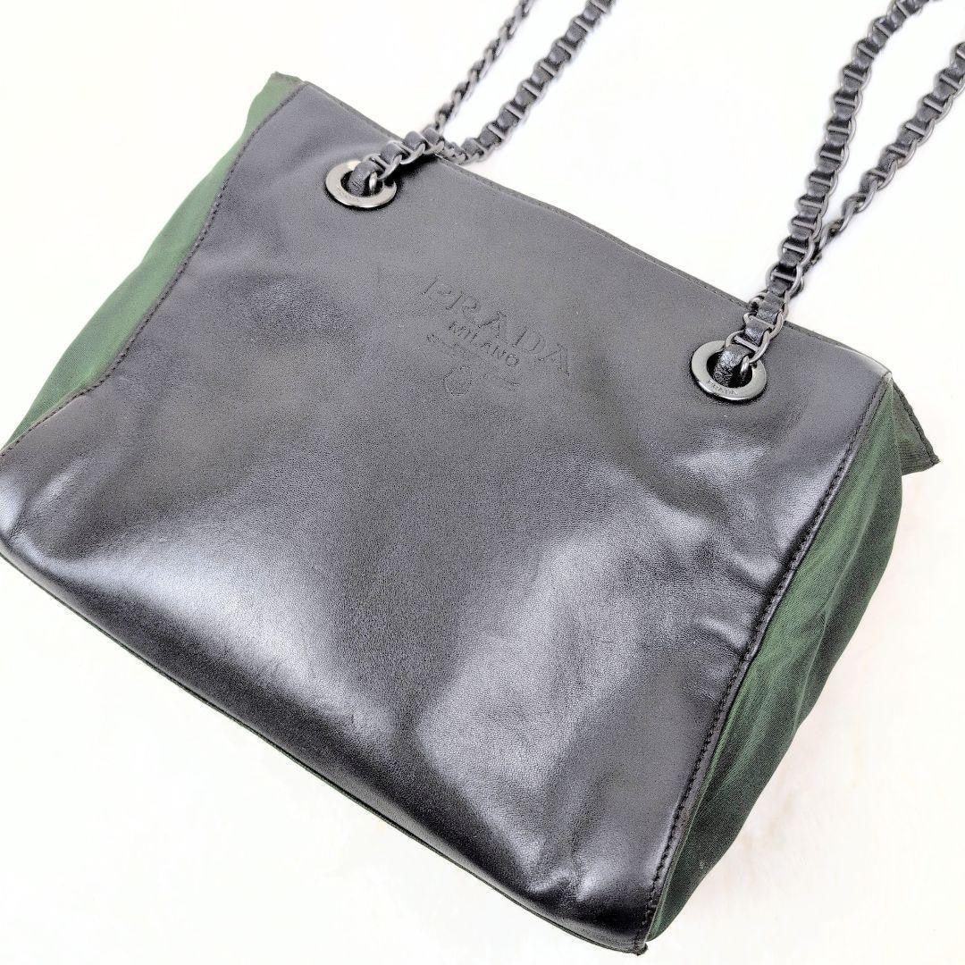 PRADA Shoulder Bag Purse Nylon Leather Green Black Authentic