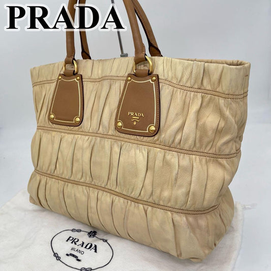 PRADA Hand Bag Tote Purse Leather Beige Brown Authentic