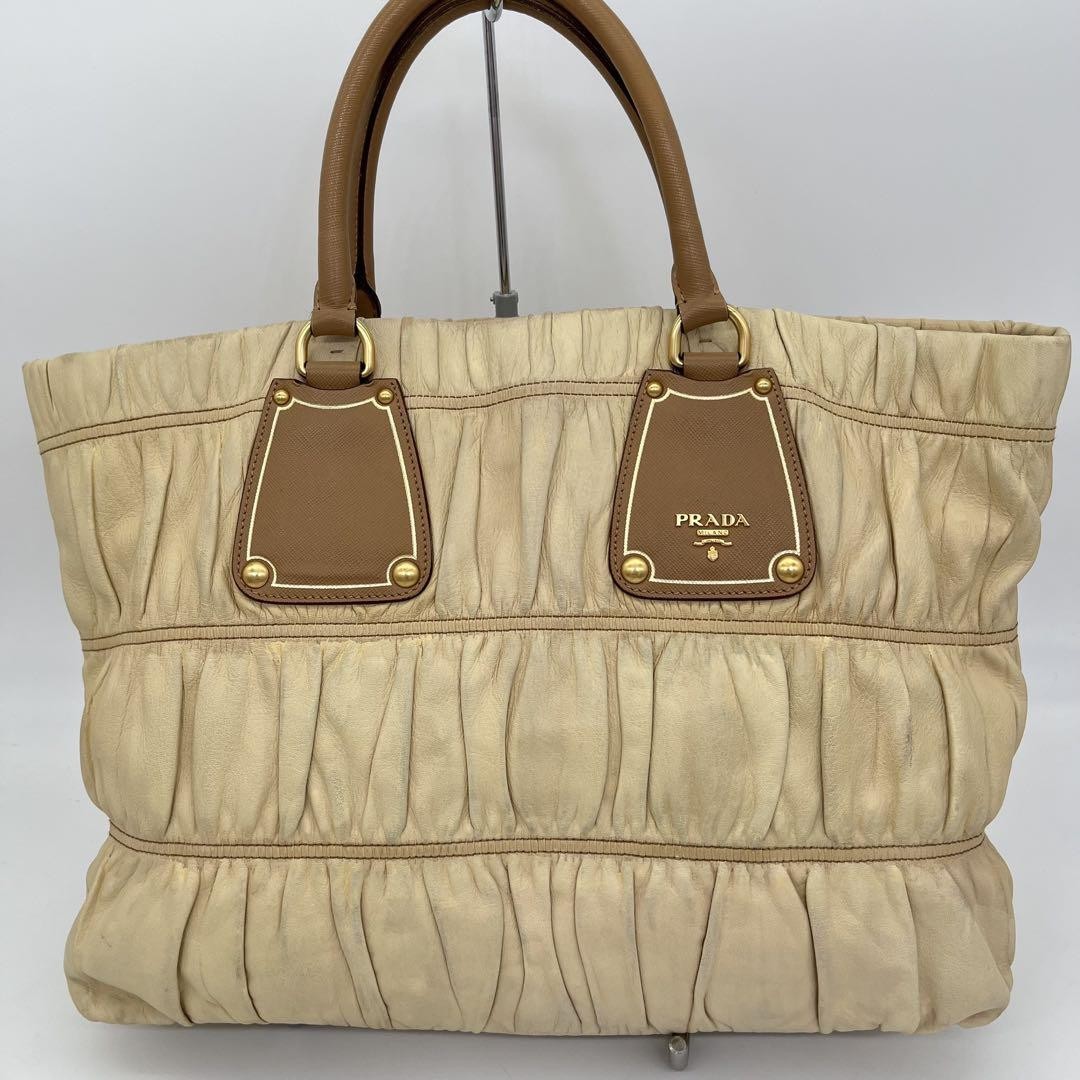 PRADA Hand Bag Tote Purse Leather Beige Brown Authentic