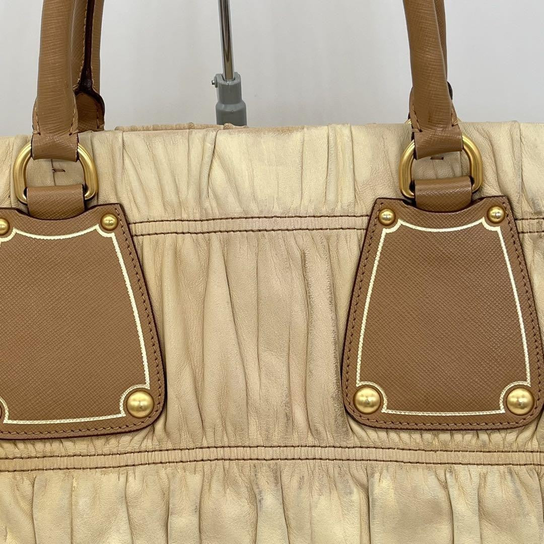 PRADA Hand Bag Tote Purse Leather Beige Brown Authentic