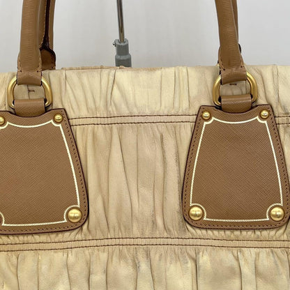 PRADA Hand Bag Tote Purse Leather Beige Brown Authentic