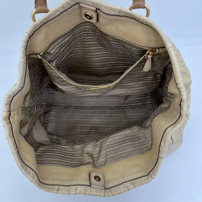 PRADA Hand Bag Tote Purse Leather Beige Brown Authentic