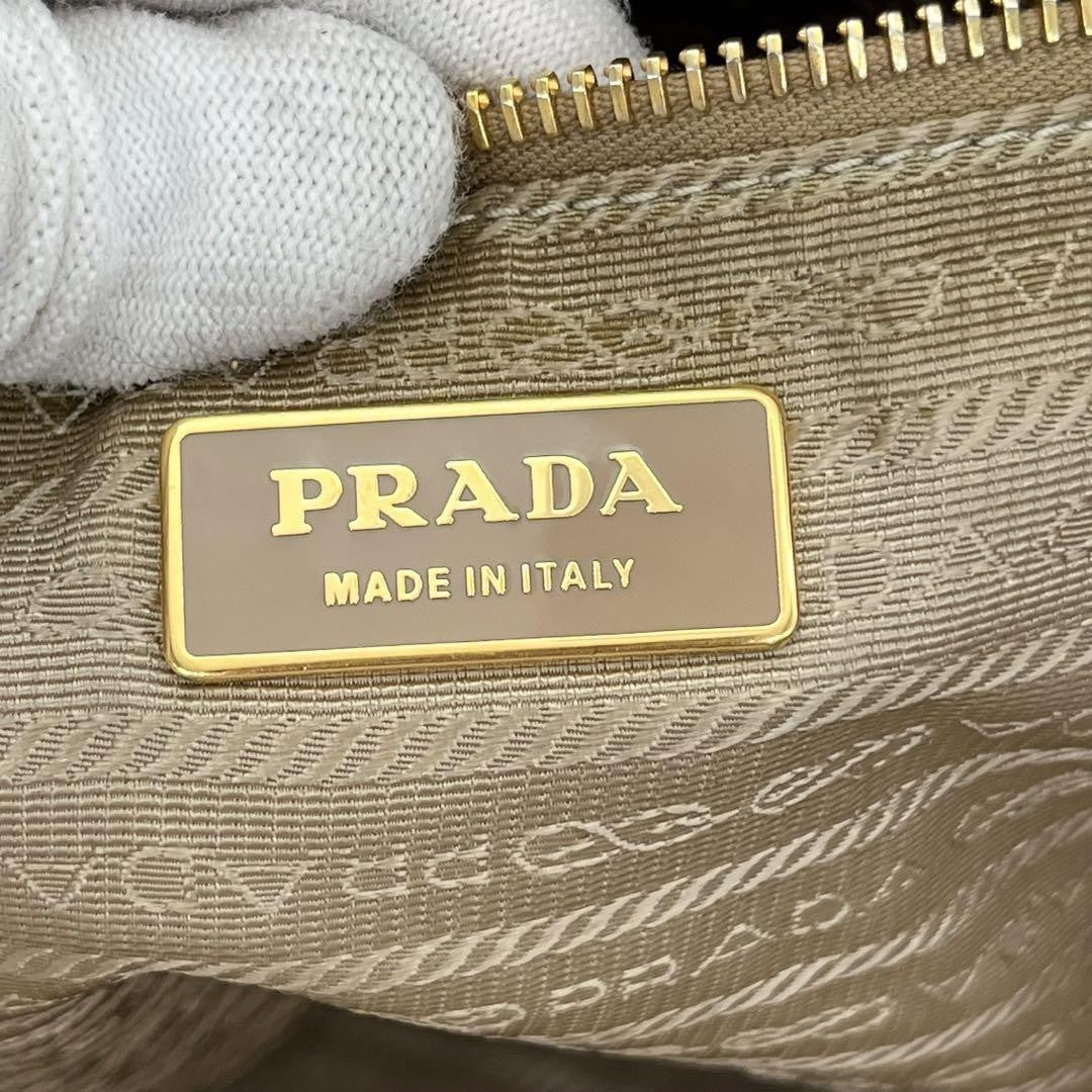 PRADA Hand Bag Tote Purse Leather Beige Brown Authentic