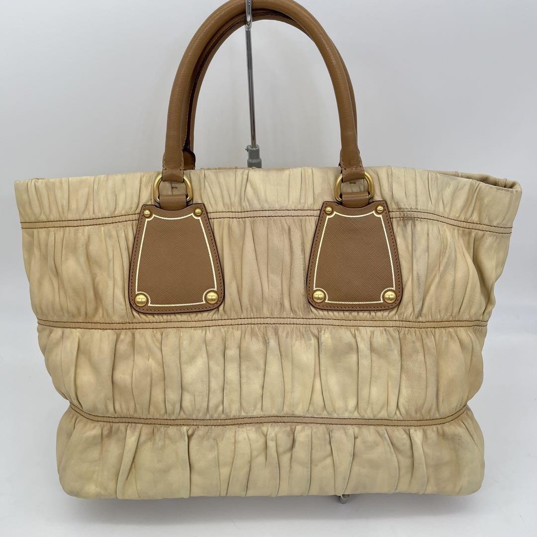 PRADA Hand Bag Tote Purse Leather Beige Brown Authentic