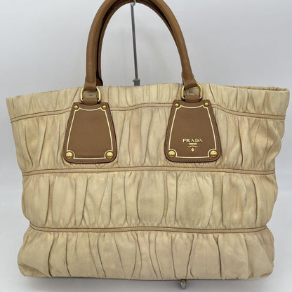 PRADA Hand Bag Tote Purse Leather Beige Brown Authentic