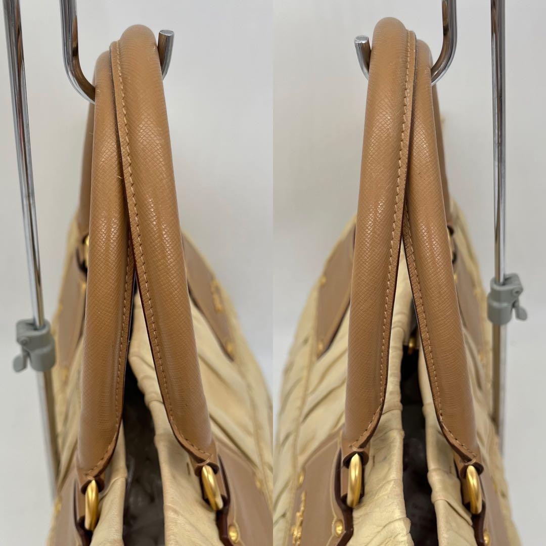PRADA Hand Bag Tote Purse Leather Beige Brown Authentic