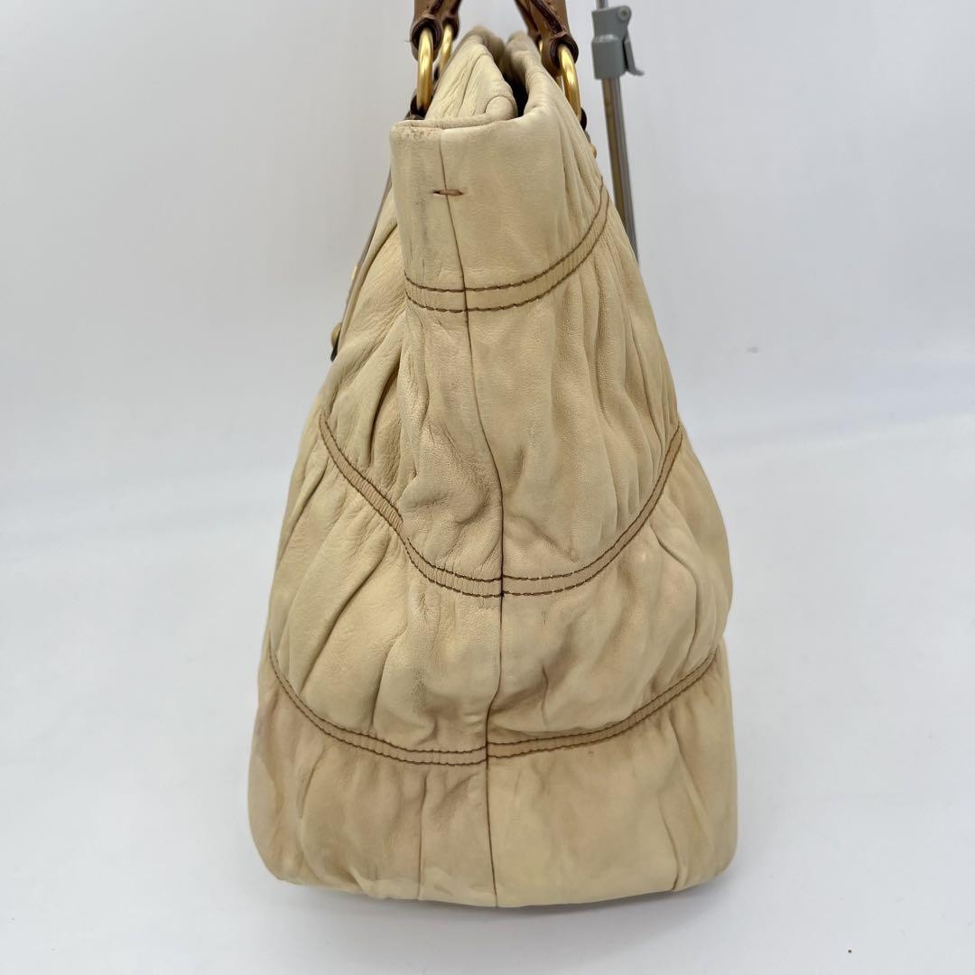 PRADA Hand Bag Tote Purse Leather Beige Brown Authentic