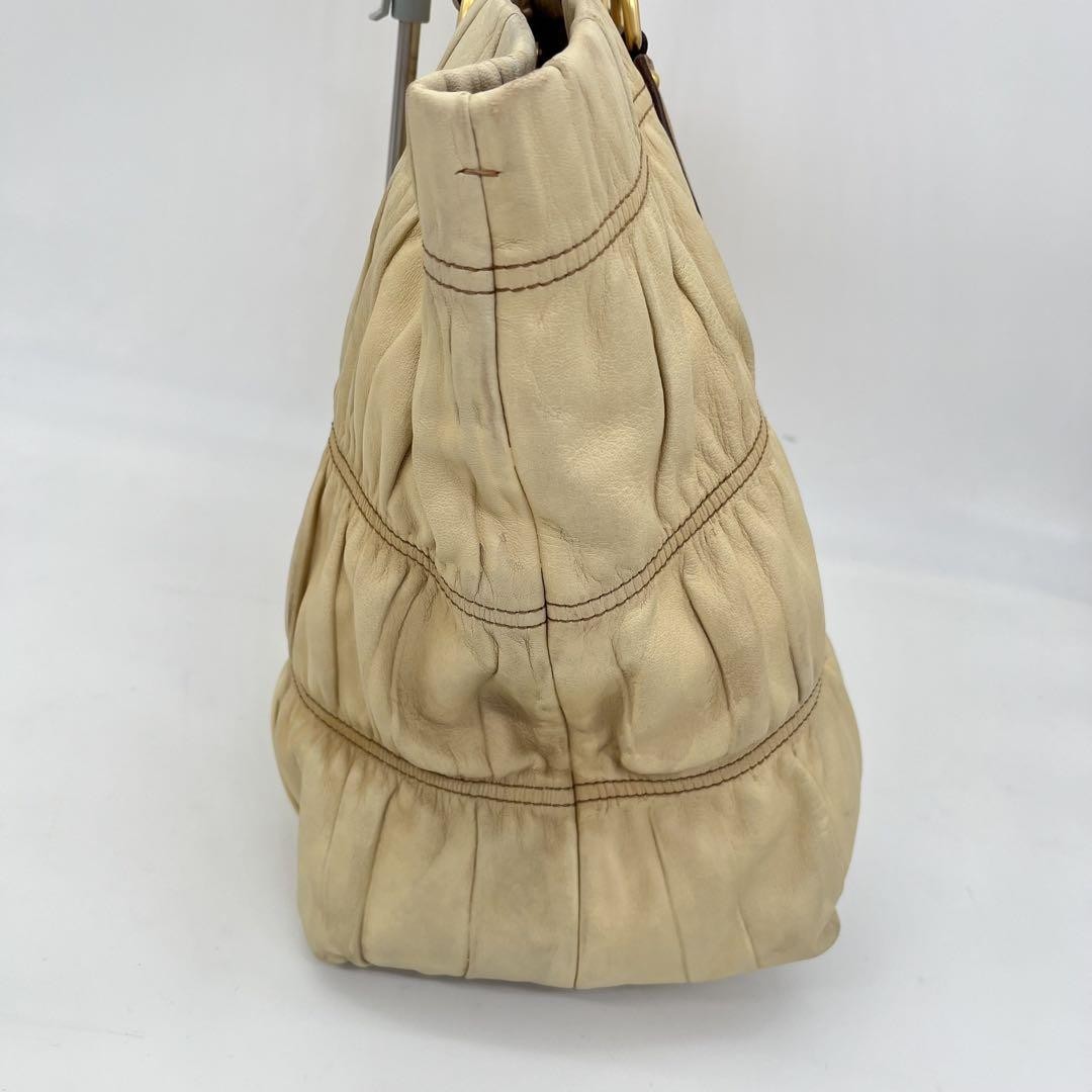 PRADA Hand Bag Tote Purse Leather Beige Brown Authentic