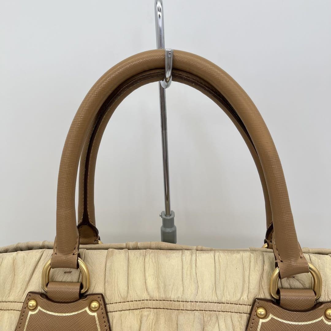 PRADA Hand Bag Tote Purse Leather Beige Brown Authentic