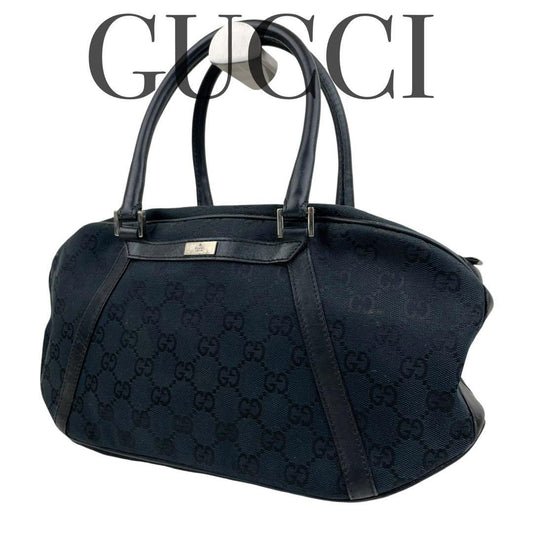 GUCCI Hand Bag Tote Purse GG Canvas Leather Black Authentic