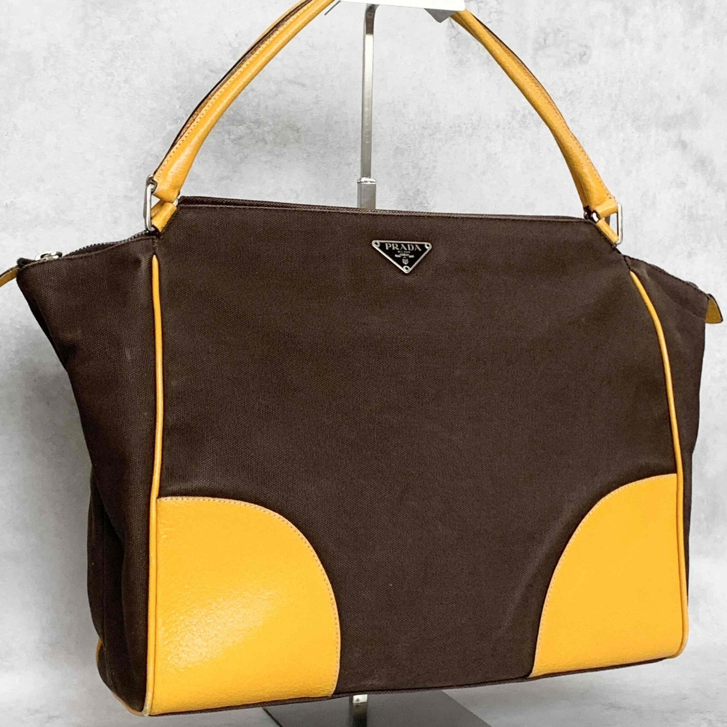PRADA Hand Bag Tote Bag Logo Canvas Leather Yellow Authentic