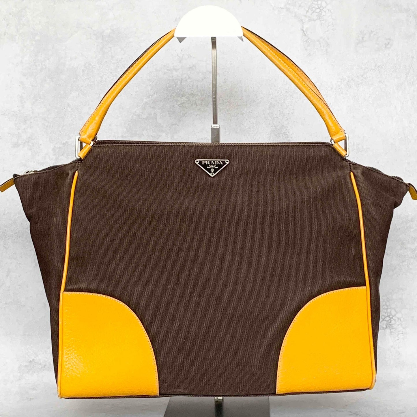 PRADA Hand Bag Tote Bag Logo Canvas Leather Yellow Authentic