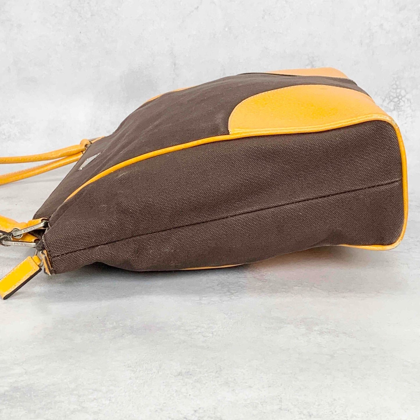 PRADA Hand Bag Tote Bag Logo Canvas Leather Yellow Authentic