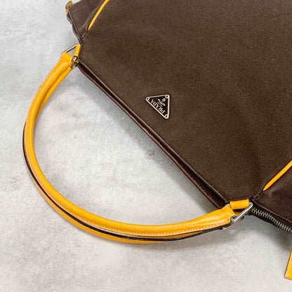 PRADA Hand Bag Tote Bag Logo Canvas Leather Yellow Authentic