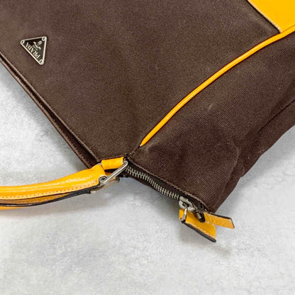 PRADA Hand Bag Tote Bag Logo Canvas Leather Yellow Authentic