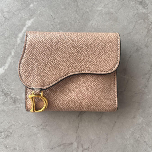 Christian Dior Tri-fold Wallet Compact Purse Saddle Leather Pink Authentic