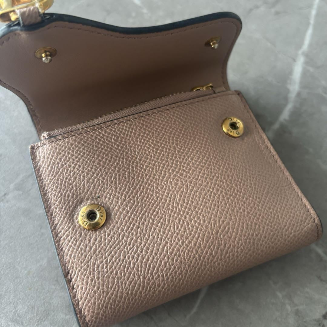 Christian Dior Tri-fold Wallet Compact Purse Saddle Leather Pink Authentic
