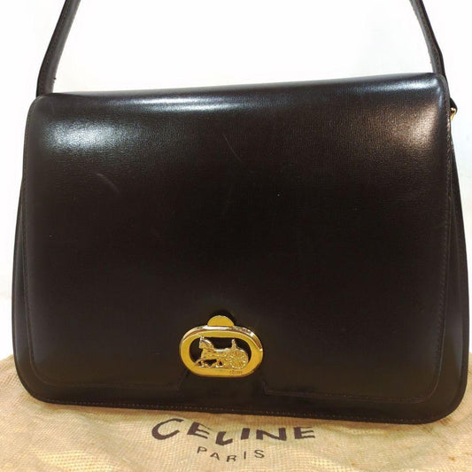 CELINE Shoulder Bag Purse Horse carriage Leather Dark Brown Authentic