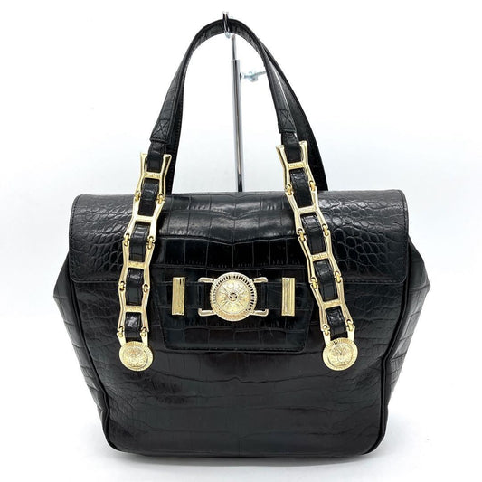 VERSACE Hand Bag Tote Purse Sunburst Leather Black Authentic