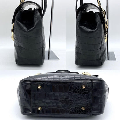 VERSACE Hand Bag Tote Purse Sunburst Leather Black Authentic