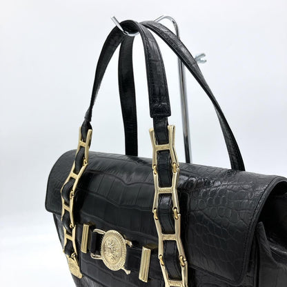 VERSACE Hand Bag Tote Purse Sunburst Leather Black Authentic