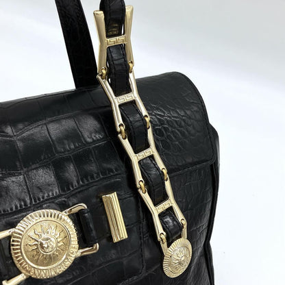 VERSACE Hand Bag Tote Purse Sunburst Leather Black Authentic