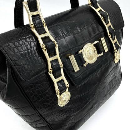 VERSACE Hand Bag Tote Purse Sunburst Leather Black Authentic