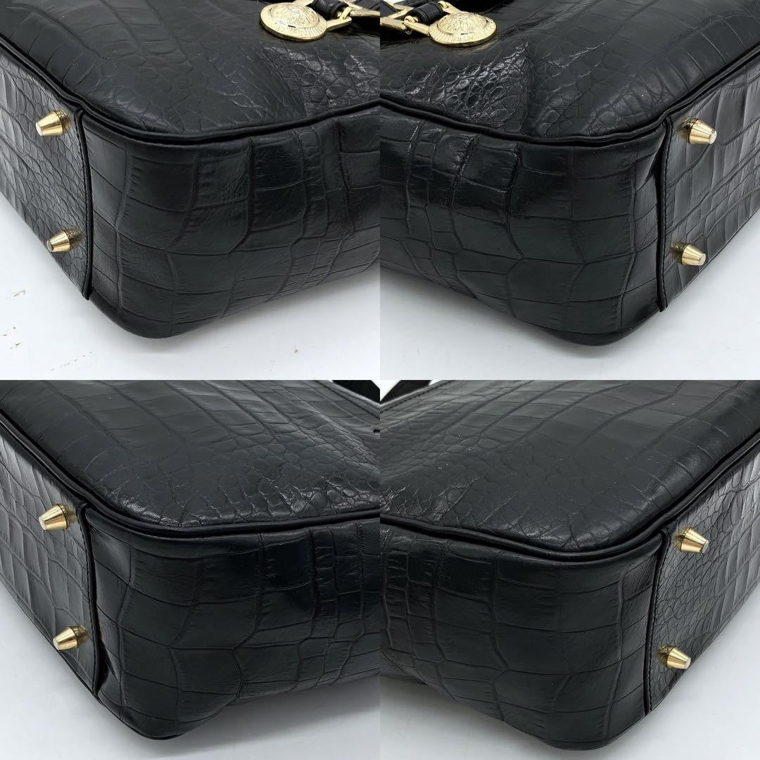 VERSACE Hand Bag Tote Purse Sunburst Leather Black Authentic