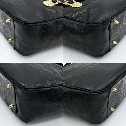 VERSACE Hand Bag Tote Purse Sunburst Leather Black Authentic