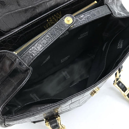 VERSACE Hand Bag Tote Purse Sunburst Leather Black Authentic