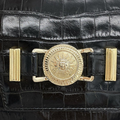 VERSACE Hand Bag Tote Purse Sunburst Leather Black Authentic