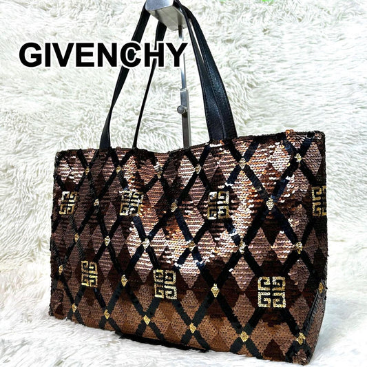 GIVENCHY Hand Bag Tote Purse 4G Leather Polyester Brown Gold Black Authentic