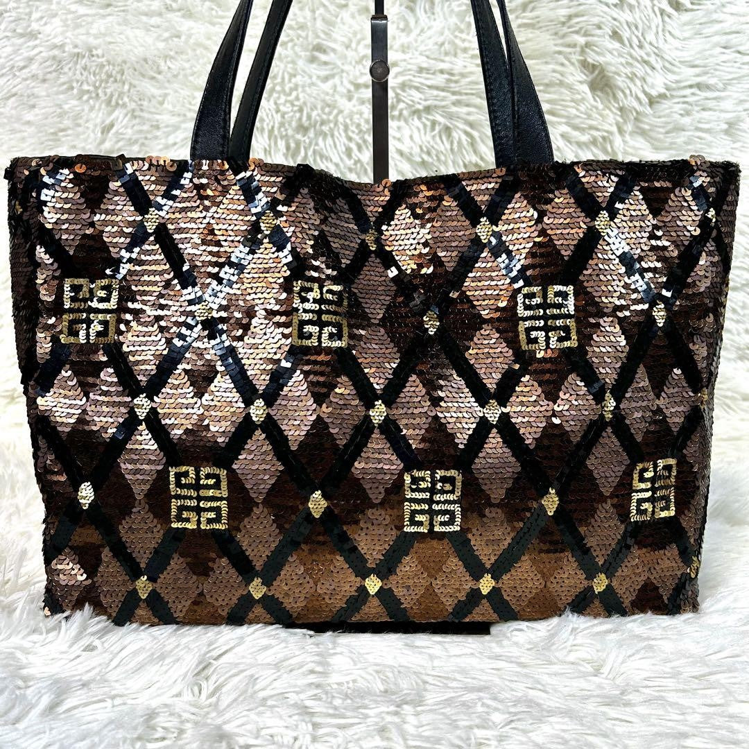 GIVENCHY Hand Bag Tote Purse 4G Leather Polyester Brown Gold Black Authentic