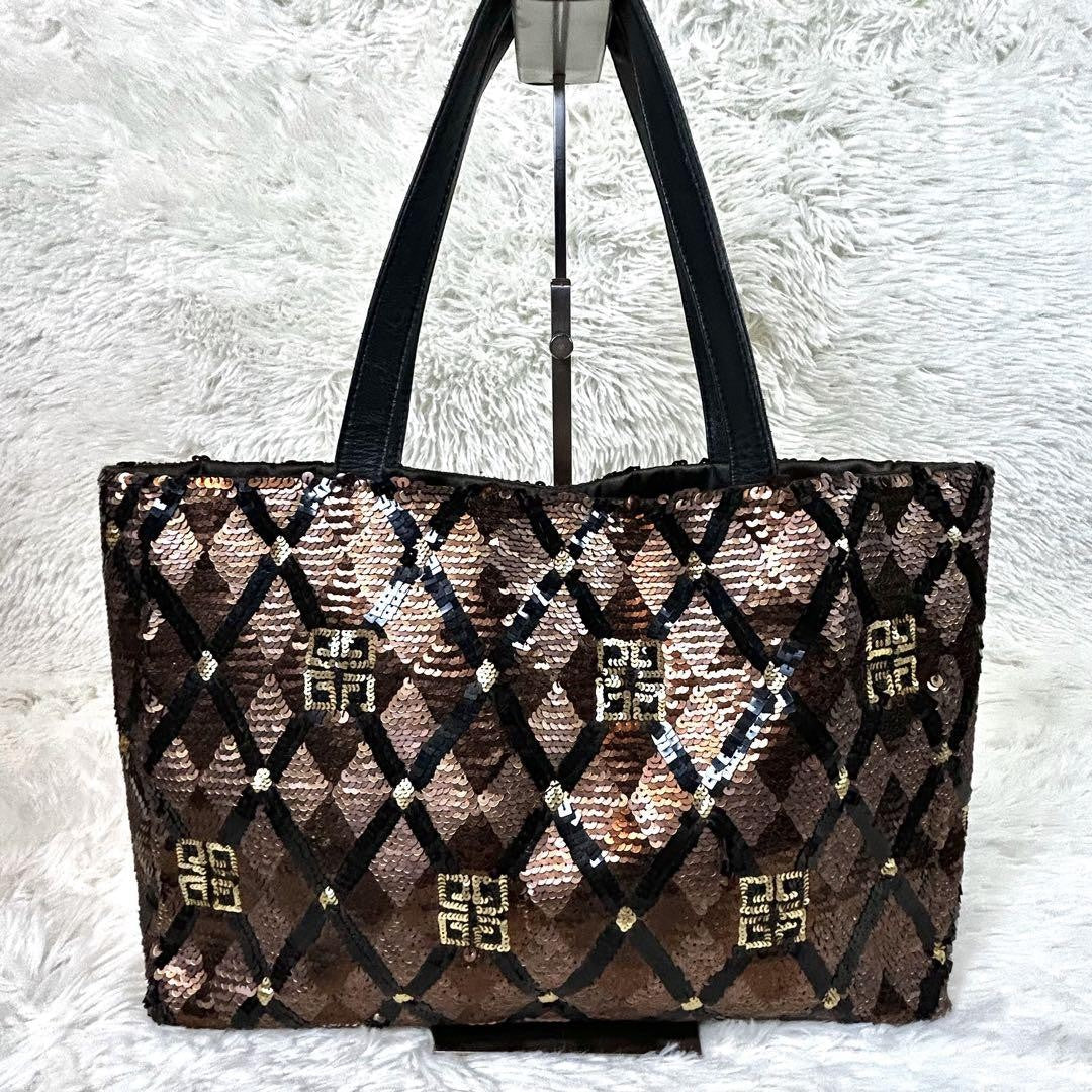 GIVENCHY Hand Bag Tote Purse 4G Leather Polyester Brown Gold Black Authentic