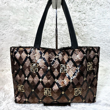 GIVENCHY Hand Bag Tote Purse 4G Leather Polyester Brown Gold Black Authentic