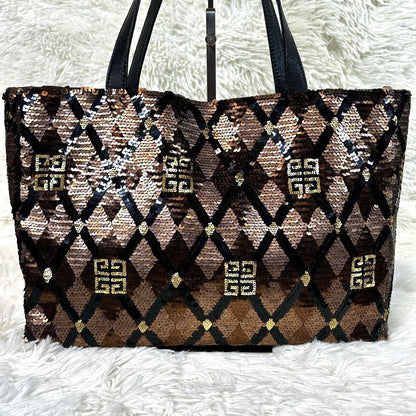 GIVENCHY Hand Bag Tote Purse 4G Leather Polyester Brown Gold Black Authentic