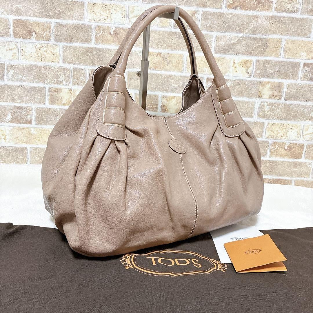TOD'S Hand Bag Tote Purse Beige Leather Authentic