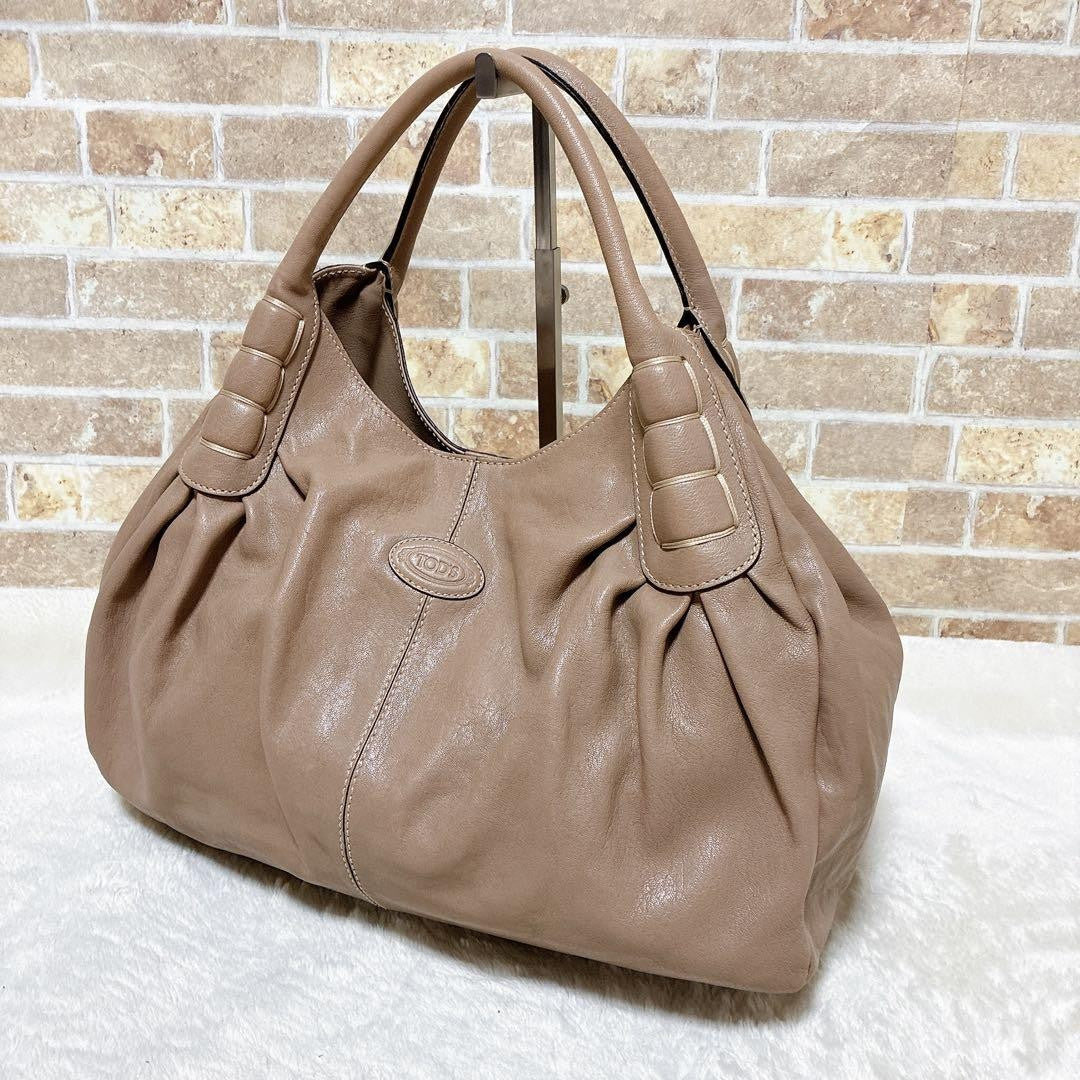 TOD'S Hand Bag Tote Purse Beige Leather Authentic