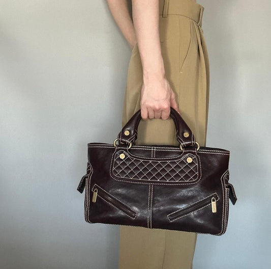 CELINE Boogie Bag Handbag Quilted Purse Leather Brown Gold Women's Used Auth