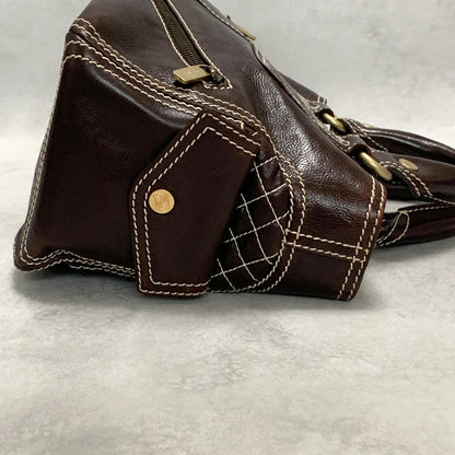CELINE Boogie Bag Handbag Quilted Purse Leather Brown Gold Women's Used Auth