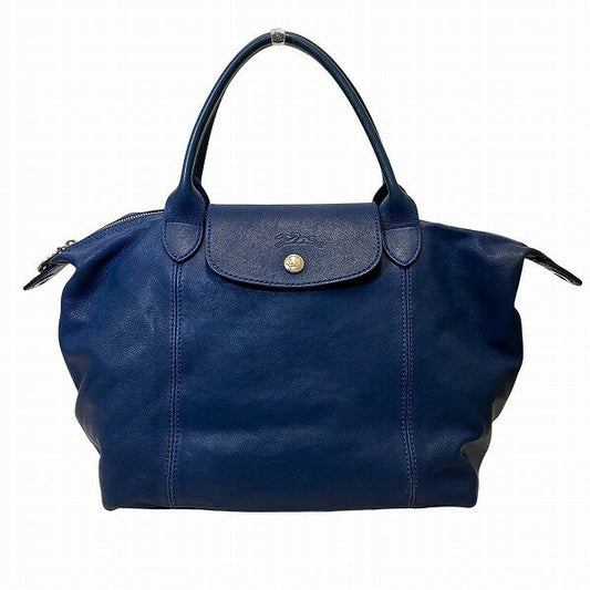 Longchamp Hand Shoulder Bag Tote Purse Le Pliage Nylon Leather Blue Authentic