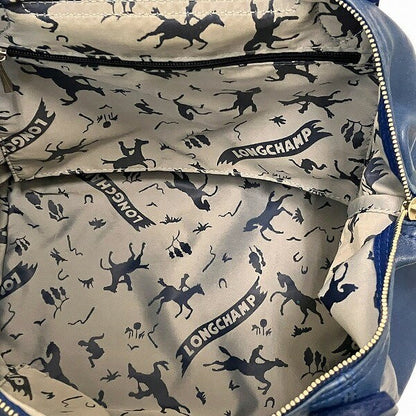 Longchamp Hand Shoulder Bag Tote Purse Le Pliage Nylon Leather Blue Authentic