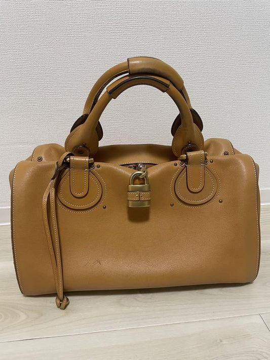 Chloe Hand Bag Tote Purse Mini Boston Bag Leather Camel Authentic