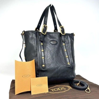 TOD'S Hand Shoulder Bag Tote Purse 2way Logo Leather Black Authentic