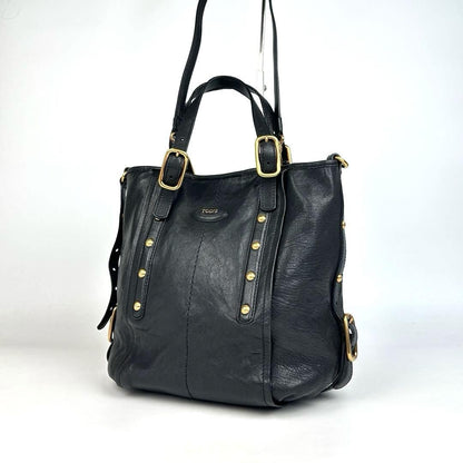 TOD'S Hand Shoulder Bag Tote Purse 2way Logo Leather Black Authentic